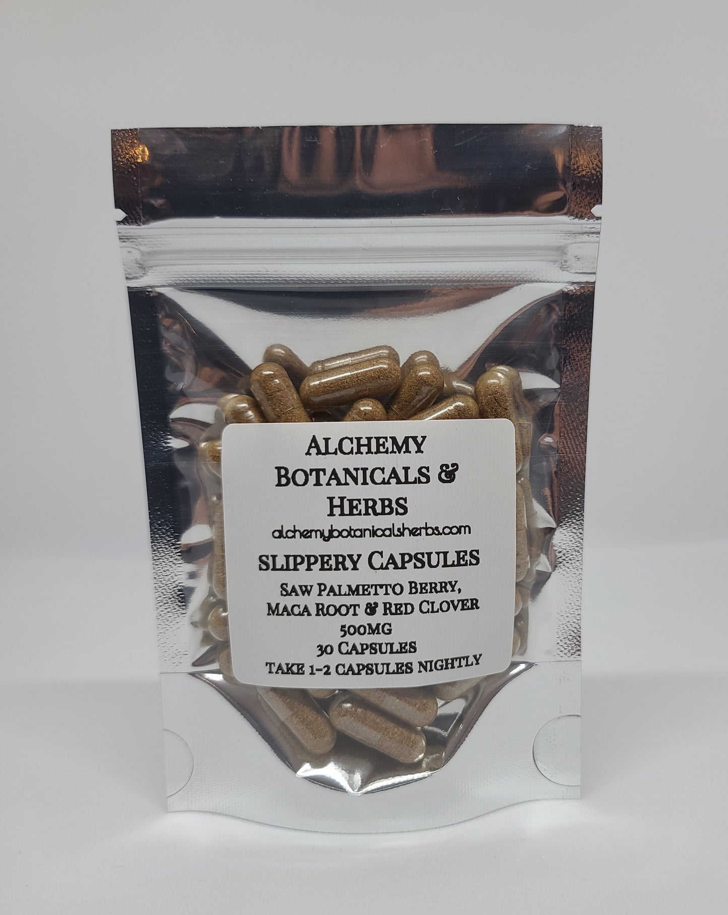 Slippery Capsules, Saw Palmetto Berry, Maca Root and Red Clover. 30 Capsules, Size 0 Capsules 500mg - Alchemy Botanicals & Herbs Corp