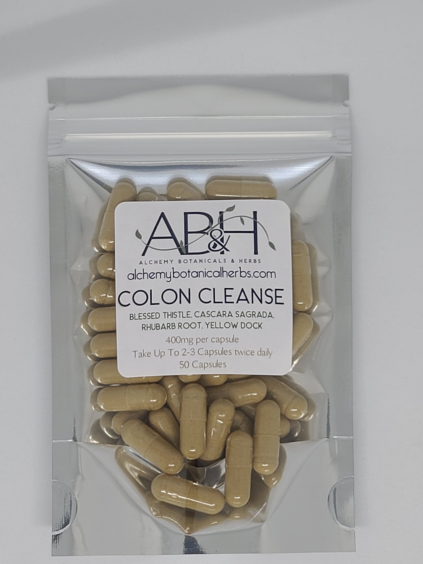 Colon Cleanse Blend Capsules 400mg 50 Capsules 100 Capsule Blessed Thistle, Cascara Sagrada, Rhubarb Root and Yellow Dock - Alchemy Botanicals & Herbs Corp