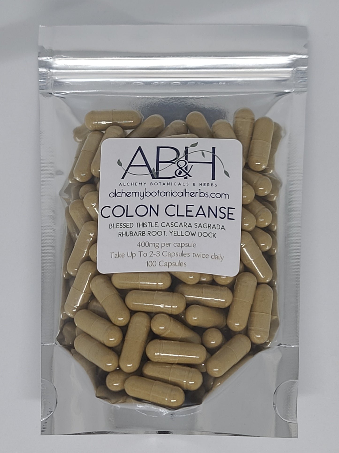 Colon Cleanse Blend Capsules 400mg 50 Capsules 100 Capsule Blessed Thistle, Cascara Sagrada, Rhubarb Root and Yellow Dock - Alchemy Botanicals & Herbs Corp