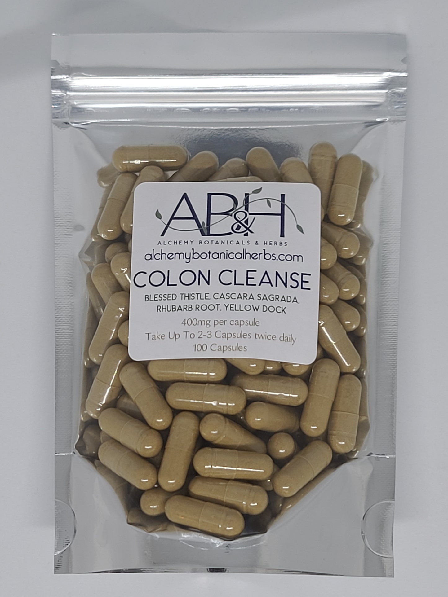 Colon Cleanse Blend Capsules 400mg 50 Capsules 100 Capsule Blessed Thistle, Cascara Sagrada, Rhubarb Root and Yellow Dock - Alchemy Botanicals & Herbs Corp