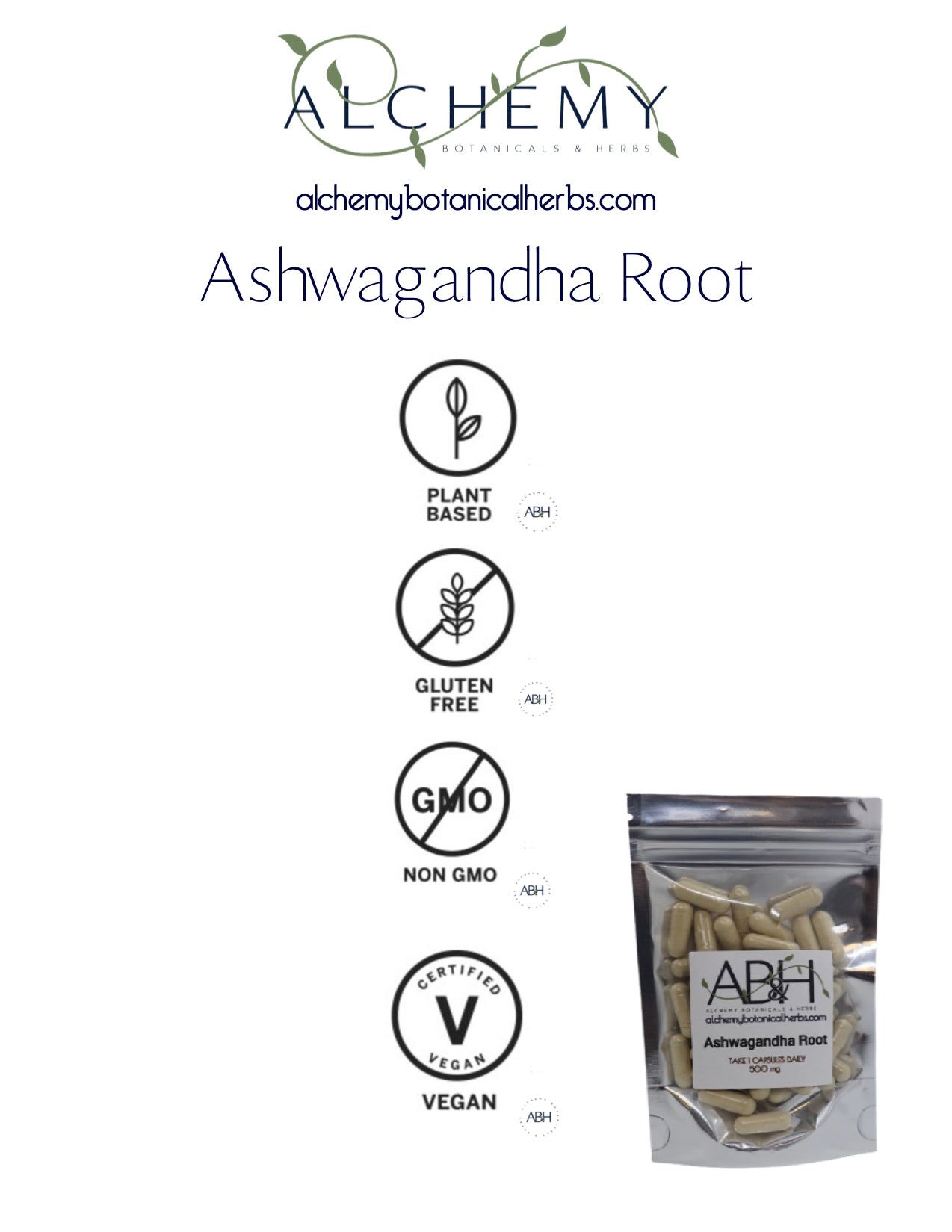 Ashwagandha Root Powder Capsules Supplements, No fillers  Capsules - Alchemy Botanicals & Herbs Corp