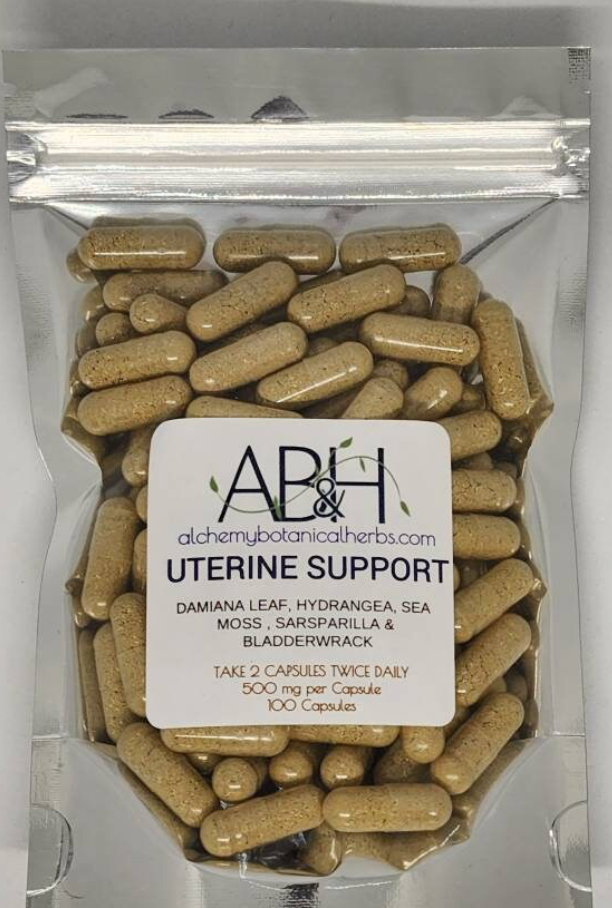 Uterine Support Blend Capsules 500mg 100 Capsules Damiana Leaf Hydrangea Sea Moss Sarsparilla Bladderwrack