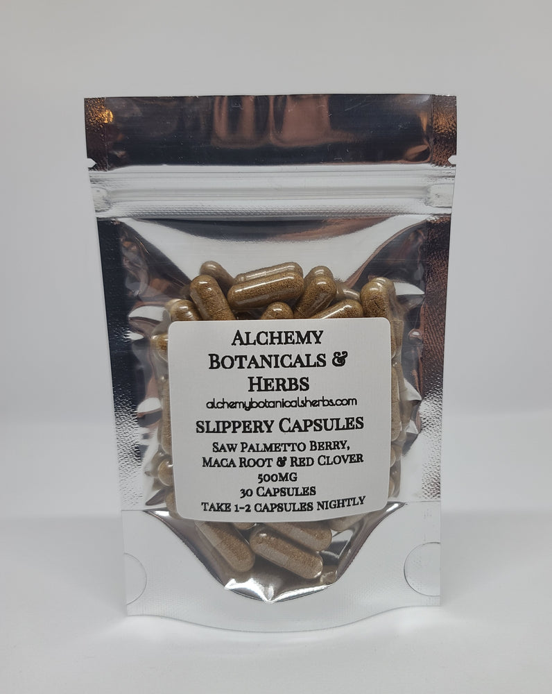 
                  
                    Slippery Capsules, Saw Palmetto Berry, Maca Root and Red Clover. 30 Capsules, Size 0 Capsules 500mg - Alchemy Botanicals & Herbs Corp
                  
                