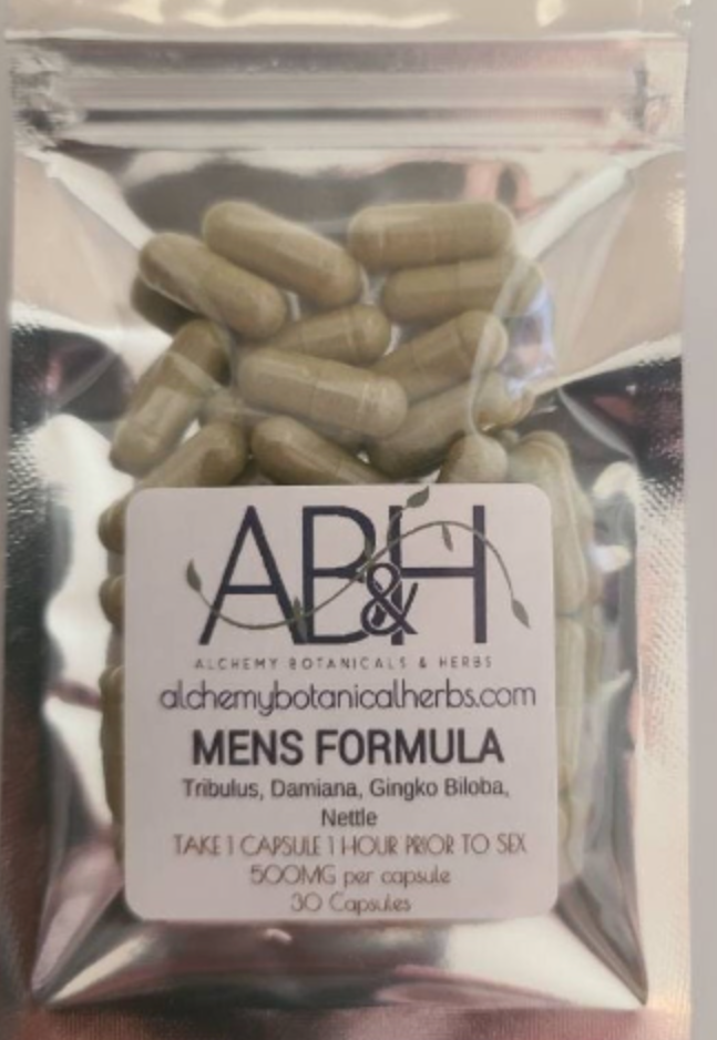 Mens Formula   Mens Formula Tribulus, Damiana, Gingko Bilbao & Nettle 30 Capsules  500mg per capsule 30 Capsules  Take 1 capsule - Alchemy Botanicals & Herbs Corp