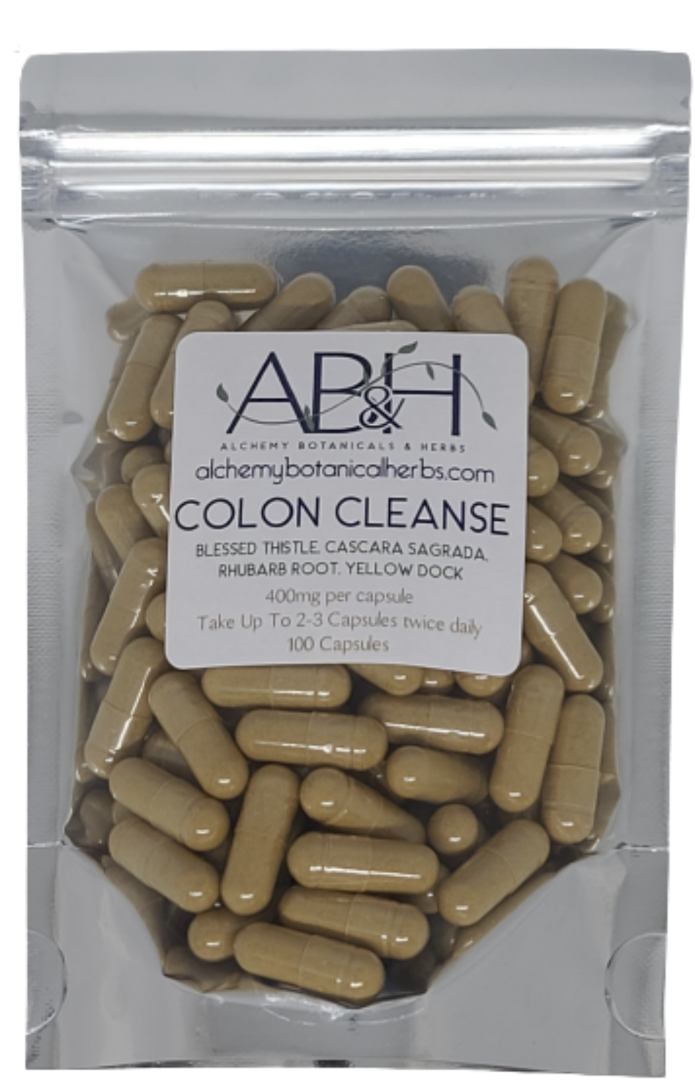 Colon Cleanse Blend Capsules 400mg 50 Capsules 100 Capsule Blessed Thistle, Cascara Sagrada, Rhubarb Root and Yellow Dock - Alchemy Botanicals & Herbs Corp