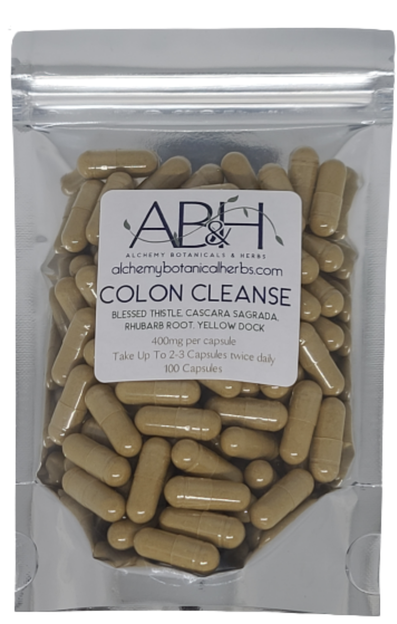 
                  
                    Colon Cleanse Blend Capsules 400mg 50 Capsules 100 Capsule Blessed Thistle, Cascara Sagrada, Rhubarb Root and Yellow Dock - Alchemy Botanicals & Herbs Corp
                  
                