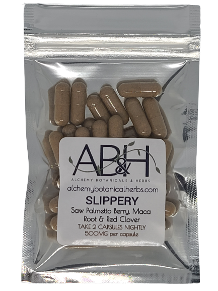 Slippery Capsules, Saw Palmetto Berry, Maca Root and Red Clover. 30 Capsules, Size 0 Capsules 500mg - Alchemy Botanicals & Herbs Corp